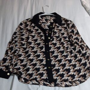 Anne Klein Black, Tan & White Houndstooth Blouse